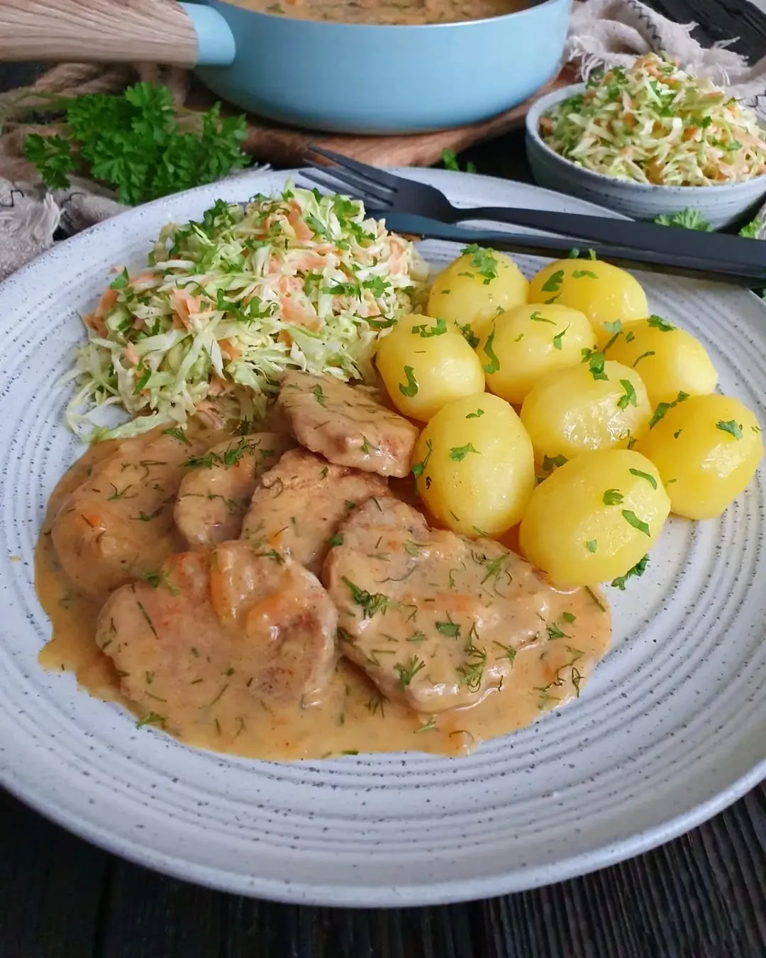 Domowa polędwiczka wieprzowa w kremowym sosie koperkowym